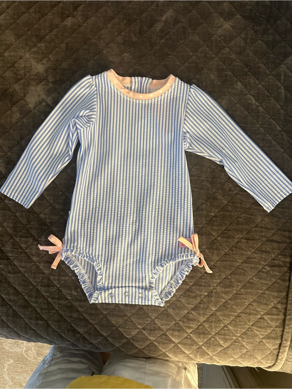 Ruffle Butts Blue & White Striped Long-Sleeve One-Piece with Pink Trim